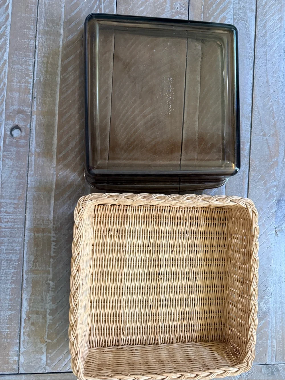 PYREX Fireside Square Amber Glass Casserole Dish with woven Basket Vintage